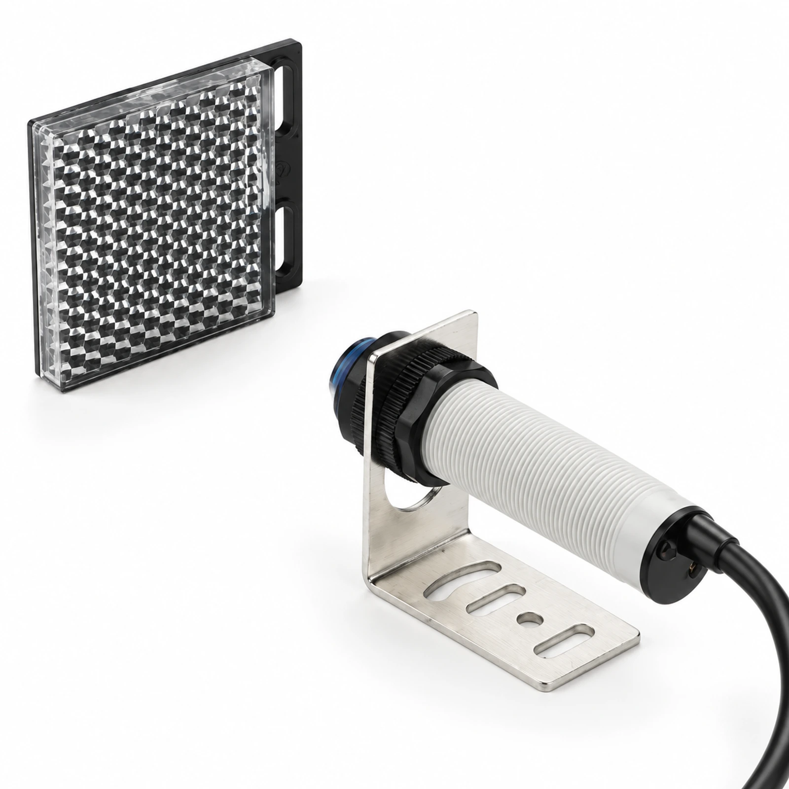 Cylindrical Retro-Reflective Photoelectric Sensor – White Housing shown with an external reflector