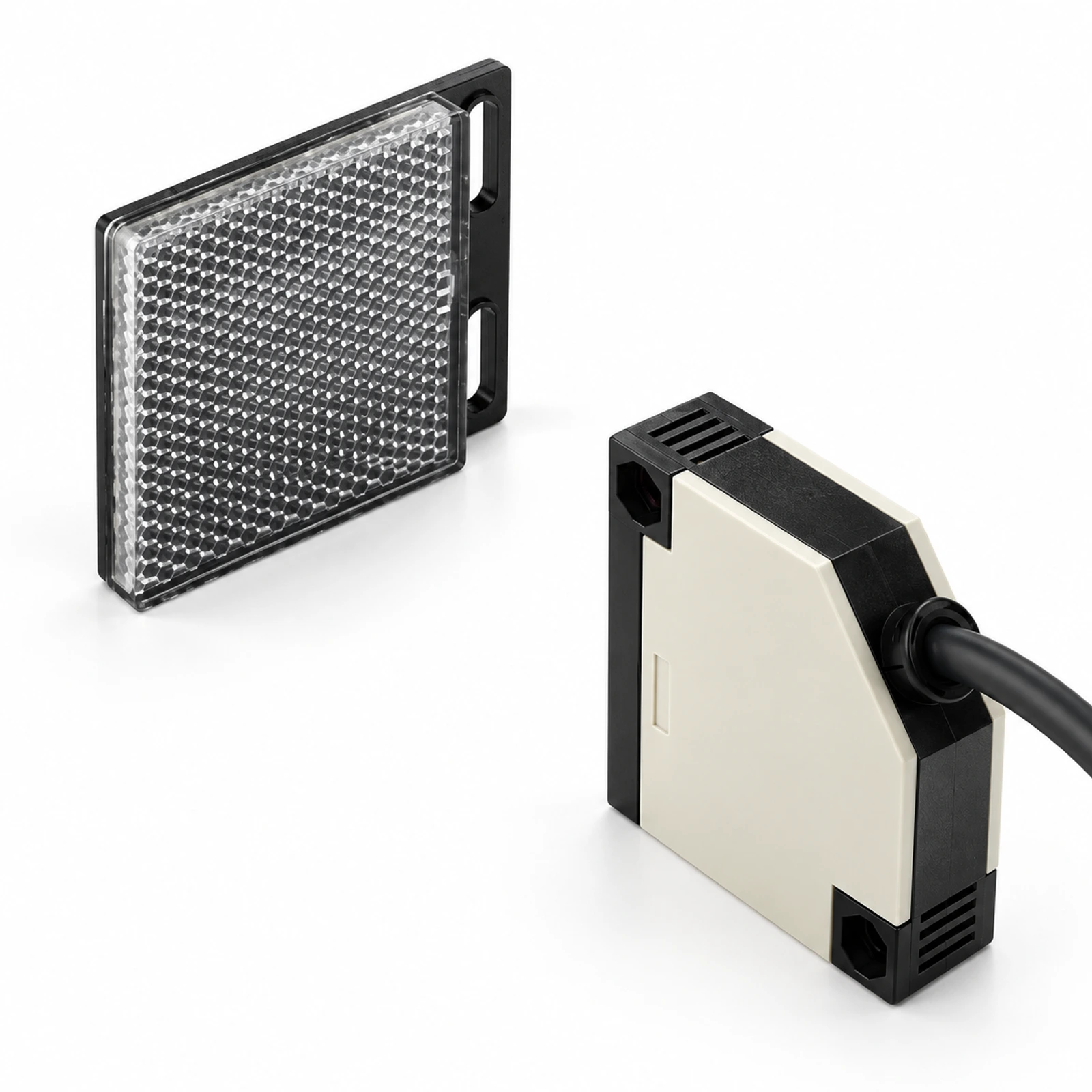 Compact Square Retro-Reflective Photoelectric Sensor shown with an external reflector