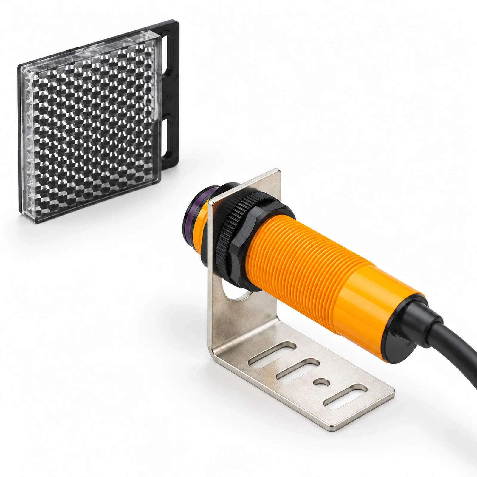 Cylindrical Retro-Reflective Photoelectric Sensor – Yellow Housing shown with an external reflector