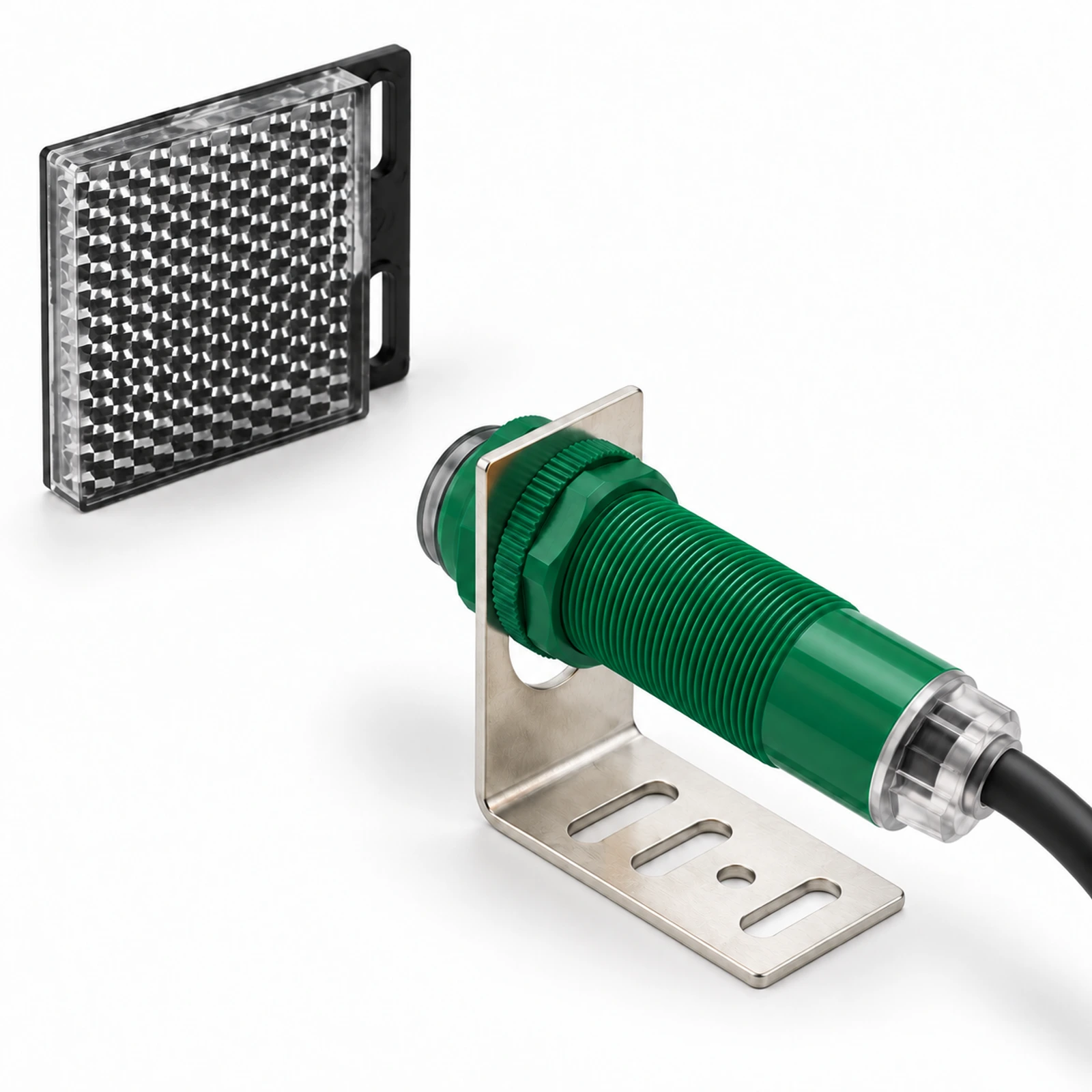 Cylindrical Retro-Reflective Photoelectric Sensor – Green Housing shown with an external reflector