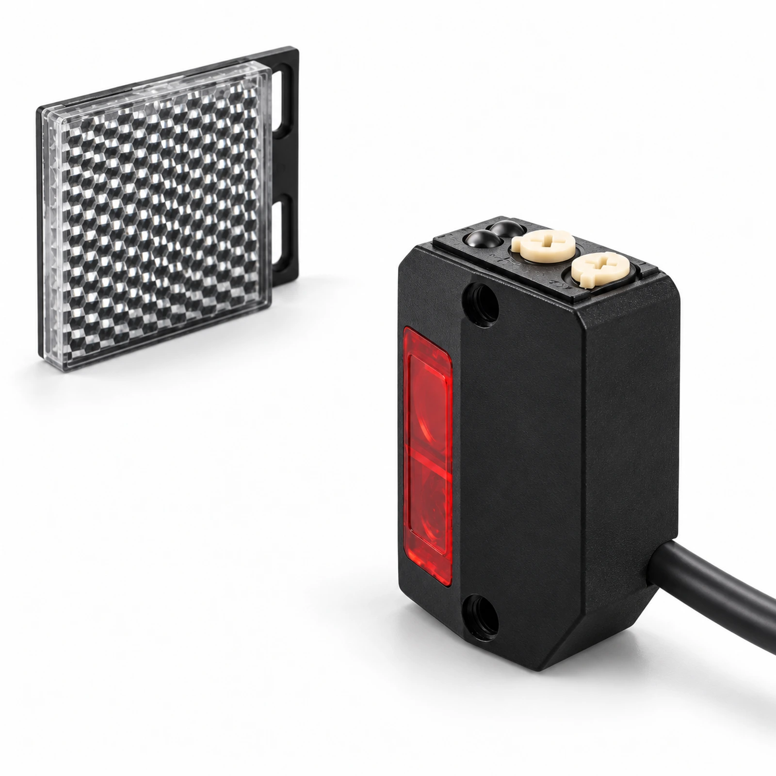 Rectangular Retro-Reflective Photoelectric Sensor – Black Housing shown with an external reflector