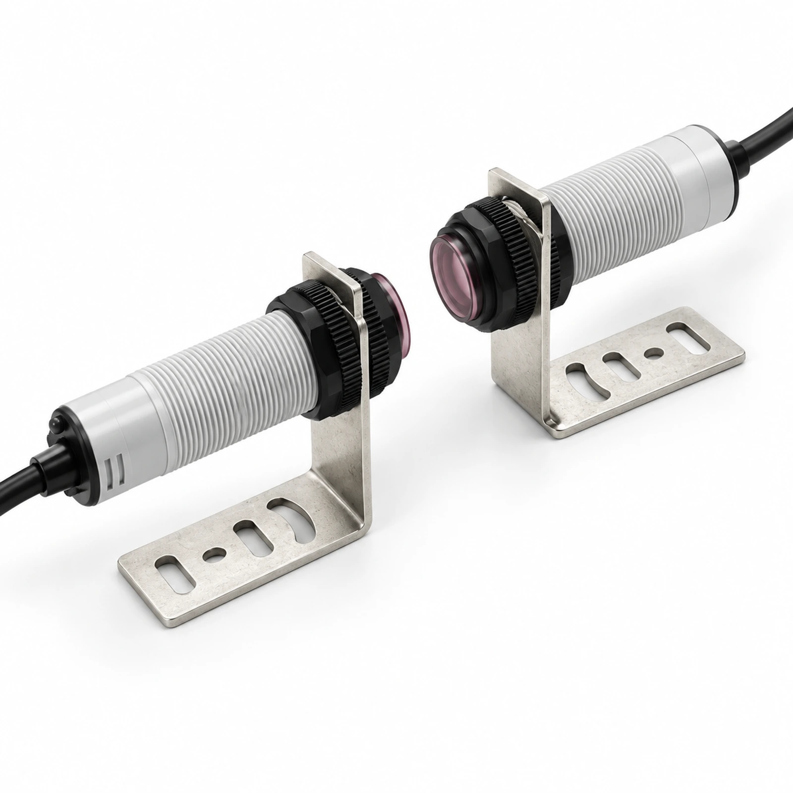 Cylindrical Through-Beam Photoelectric Sensor Pair – White Housing with separate emitter and receiver