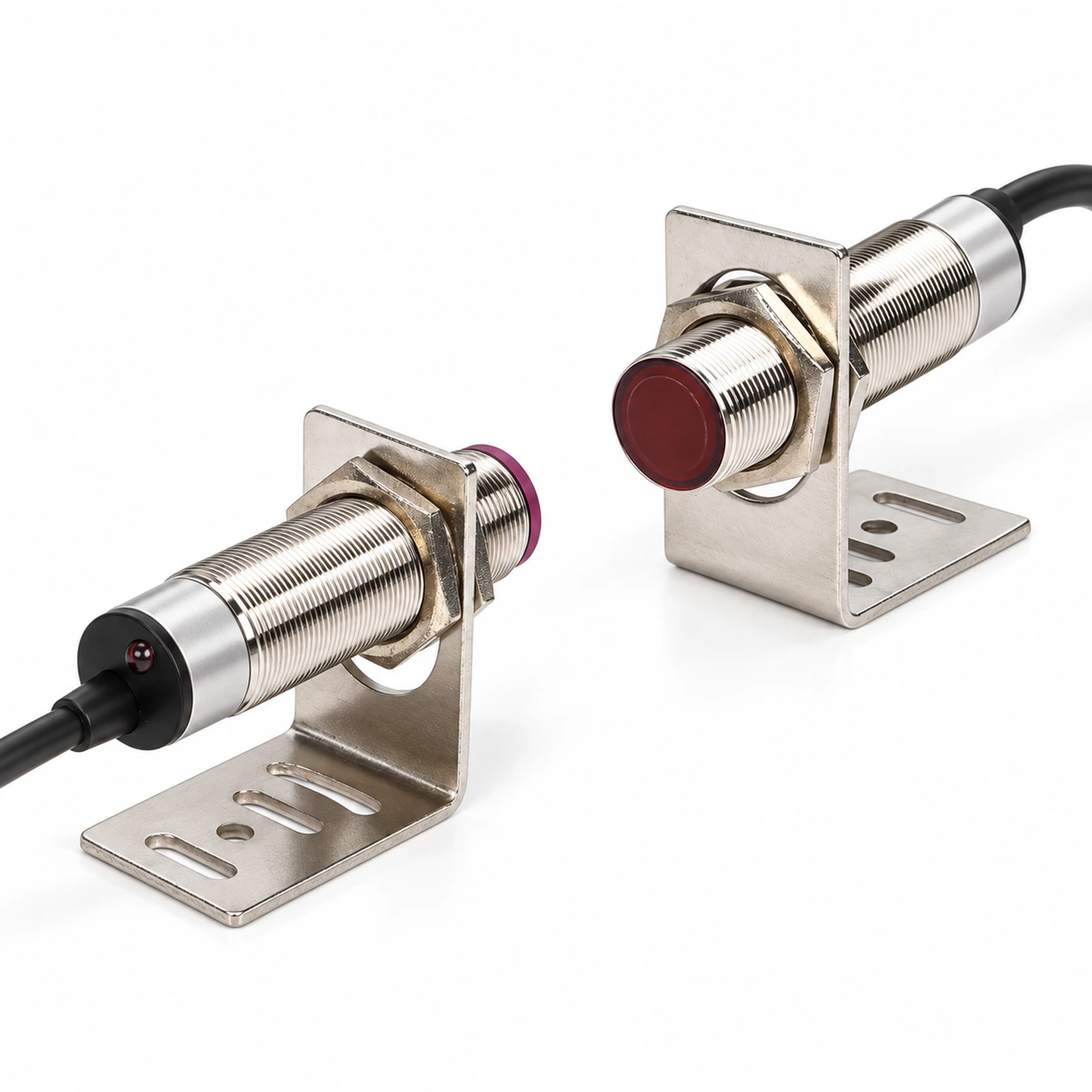 Metal Cylindrical Through-Beam Photoelectric Sensor Pair – Red Lens Faces with separate emitter and receiver