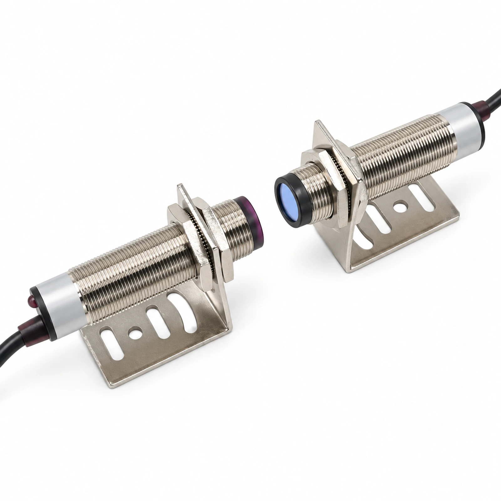 Metal Cylindrical Through-Beam Photoelectric Sensor Pair – Blue Lens Face with separate emitter and receiver