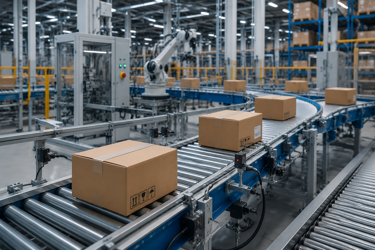 Industrial conveyor system with photoelectric sensors and robotic automation