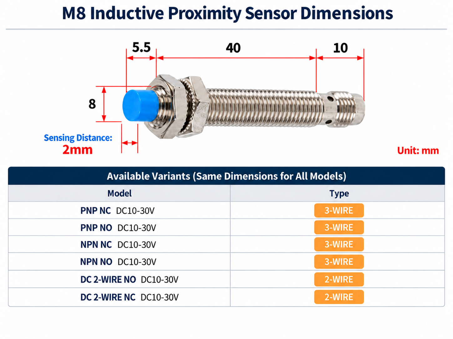 M8 Inductive Proximity Sensor 2mm | KL-LM08-3002P1 | KALEN dimensions