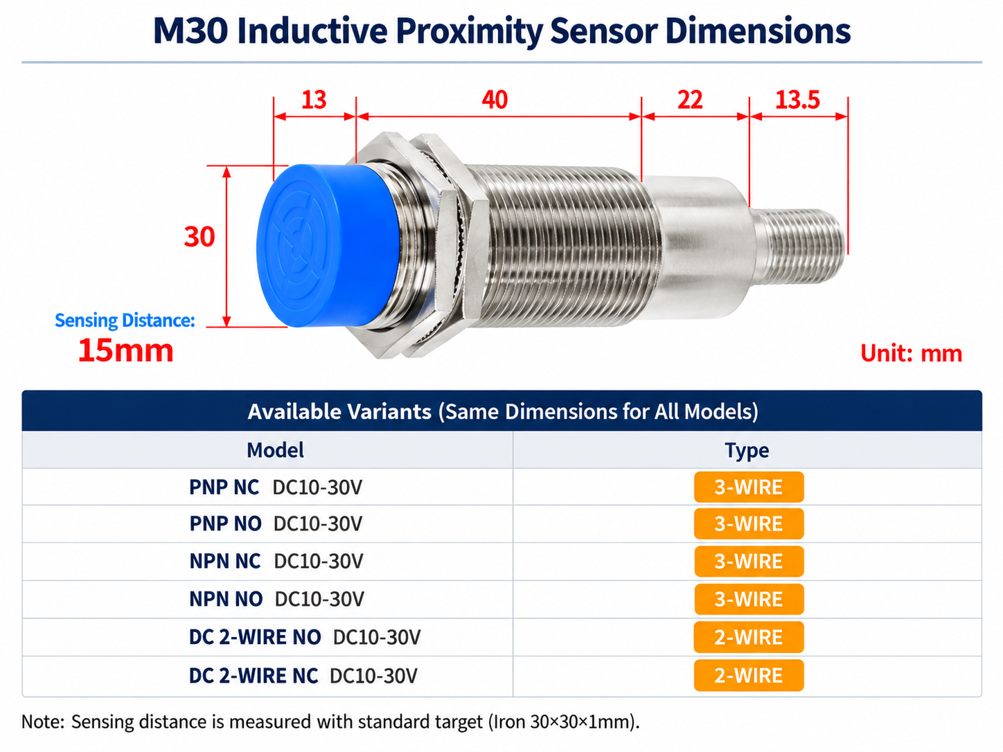 M30 Inductive Proximity Sensor 15mm | KL-LM30-3015N1 | KALEN dimensions